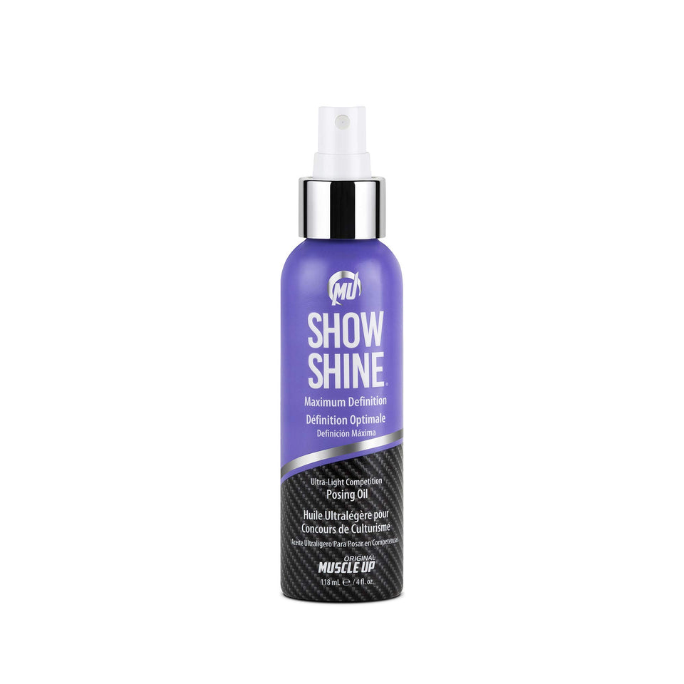 Pro Tan Show Shine ultra-light posing oil bottle under stage lights highlighting muscle definition