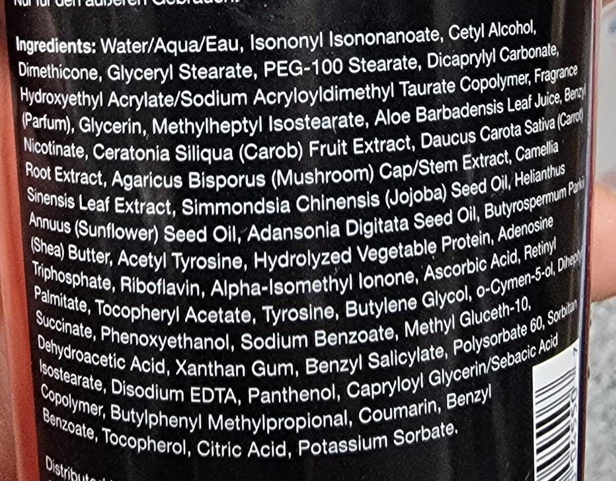 Warning label noting tingle sensation for experienced tanners.