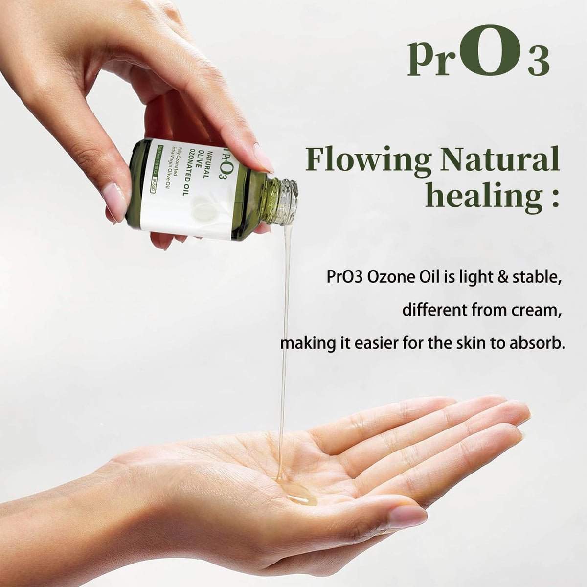 PrO3 glass dropper bottle of ozonated oil for precise dosing.