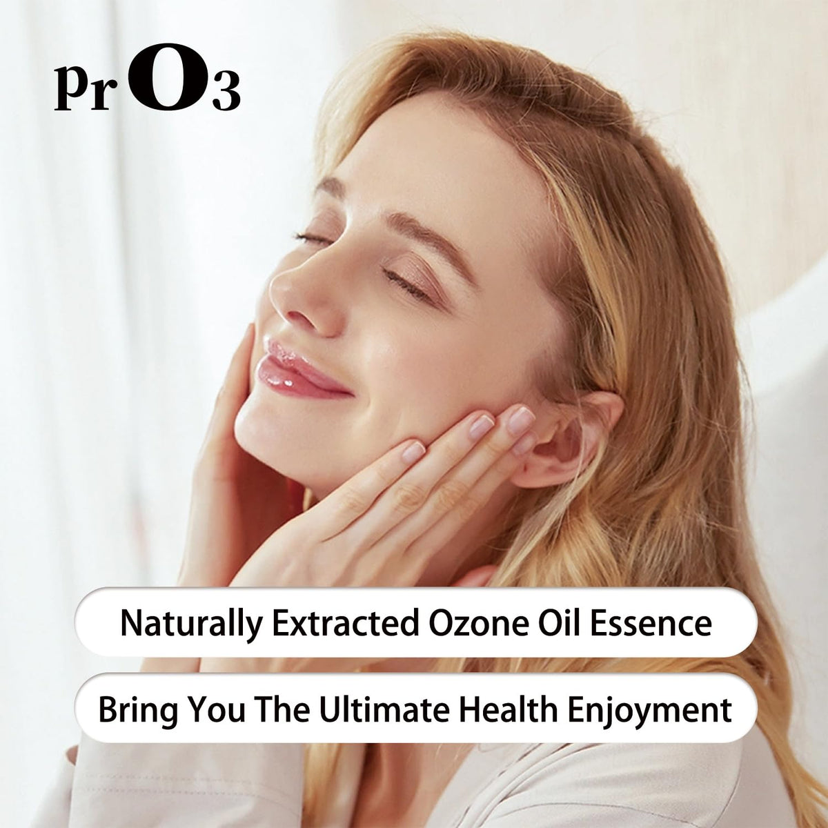 PrO3 ozone oil skin care essence bottle emphasizing European origin materials.