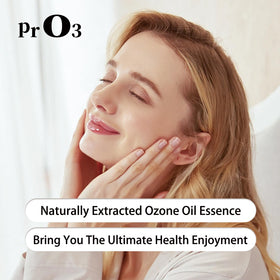 PrO3 ozone oil skin care essence bottle emphasizing European origin materials.