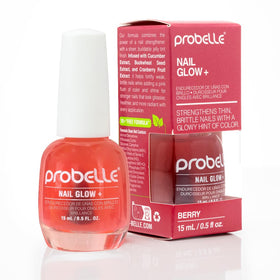Probelle Nail Glow+ berry bottle shows vegan strength benefits for nails.