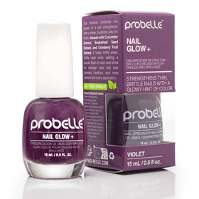 Probelle Nail Glow+ bottle close-up showing strengthening formula for nails.