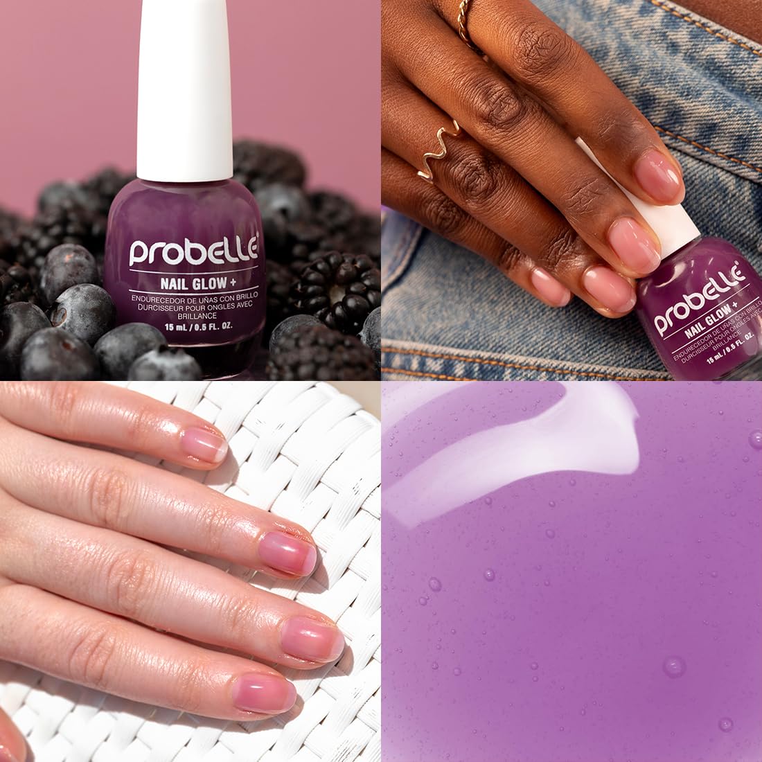 Probelle Nail Glow+ on nails with sheer pink-purple tint for natural color.