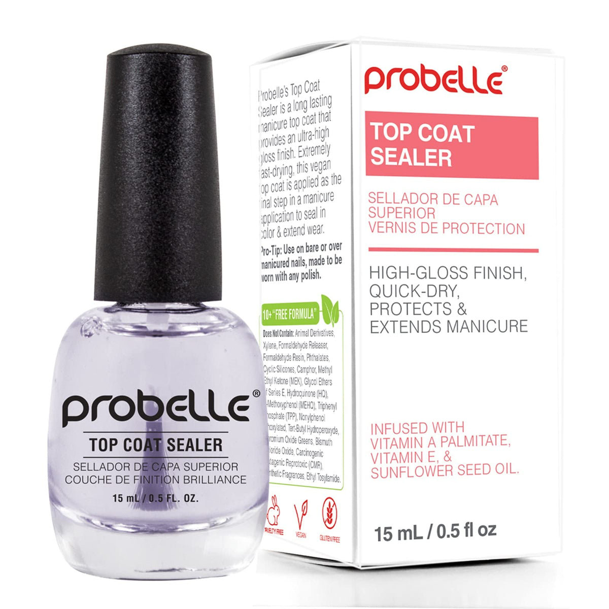 Probelle Top Coat Sealer delivers a glossy finish for a long-lasting manicure.
