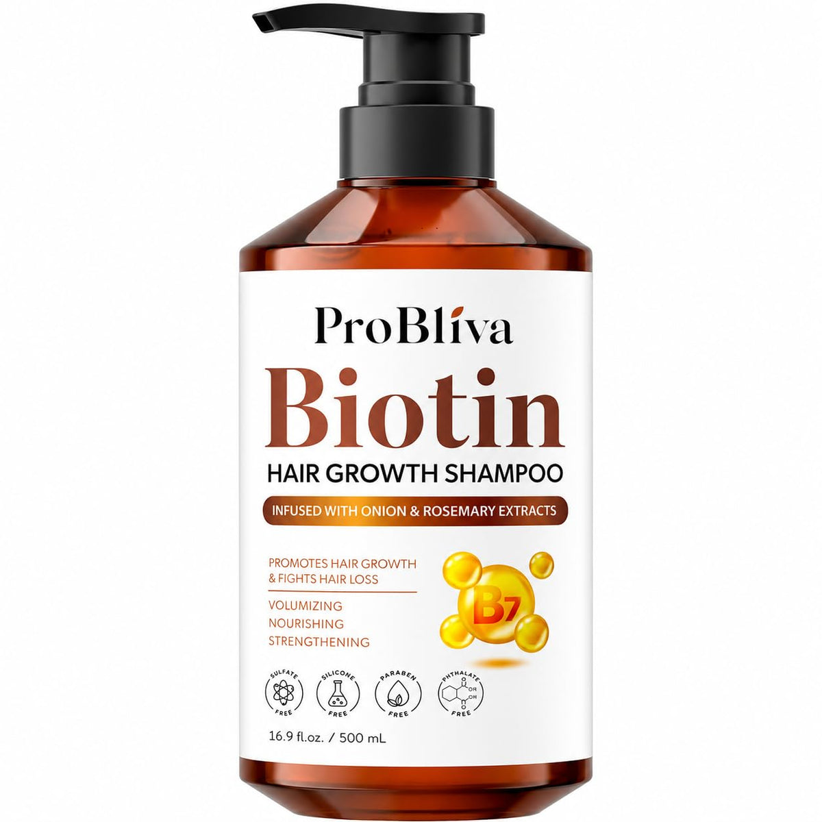ProBliva Biotin + Rosemary Shampoo bottle on shelf promotes fuller hair