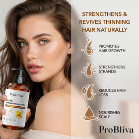 Hair close-up after using ProBliva shampoo shows shine and lift