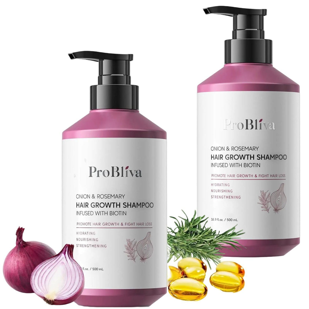 ProBliva onion-rosemary shampoo bottle showing the product for thicker hair