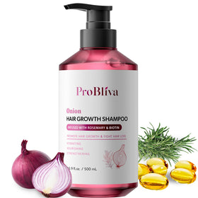 ProBliva Onion Shampoo bottle closeup for daily scalp care.