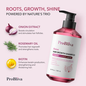 ProBliva Onion Shampoo ingredients with onion, rosemary, and biotin.