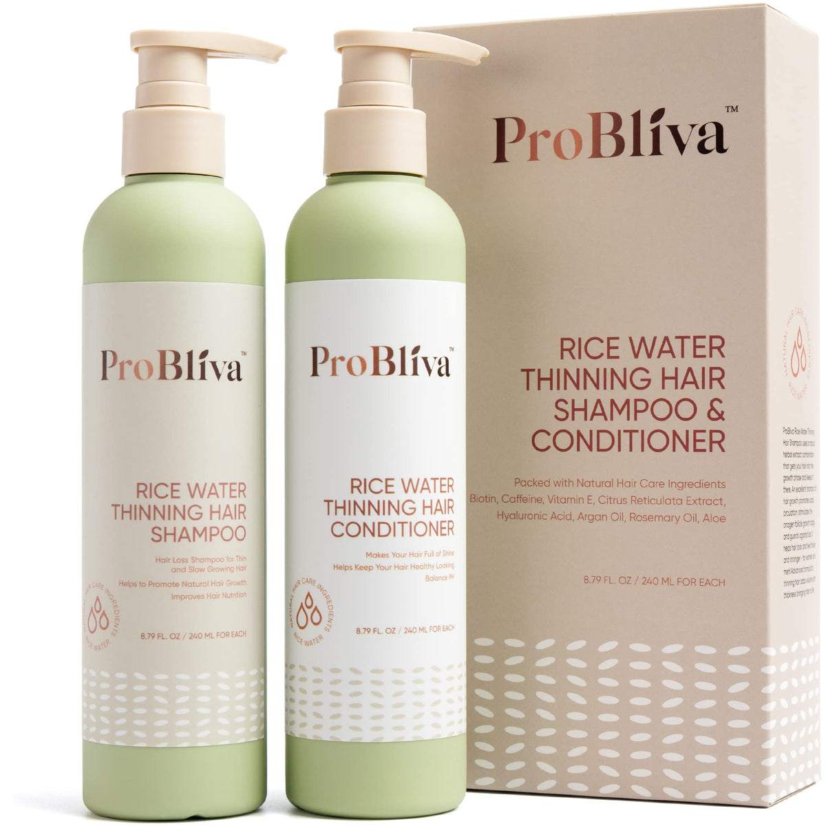 ProBliva Rice Water Shampoo bottle highlighting thinning hair support