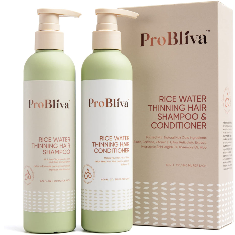 ProBliva Rice Water Shampoo bottle highlighting thinning hair support