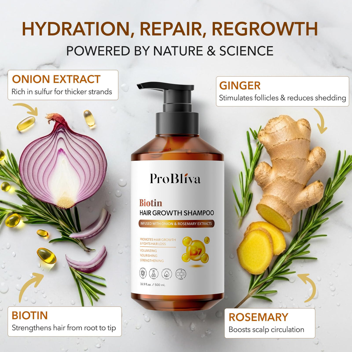 Fresh rosemary leaves beside ProBliva bottle highlights natural ingredient focus
