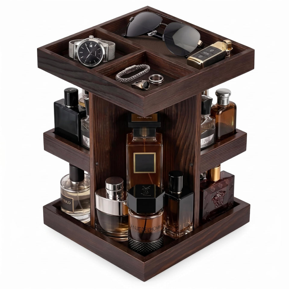 ProCase 360 rotating organizer displaying colognes and grooming bottles