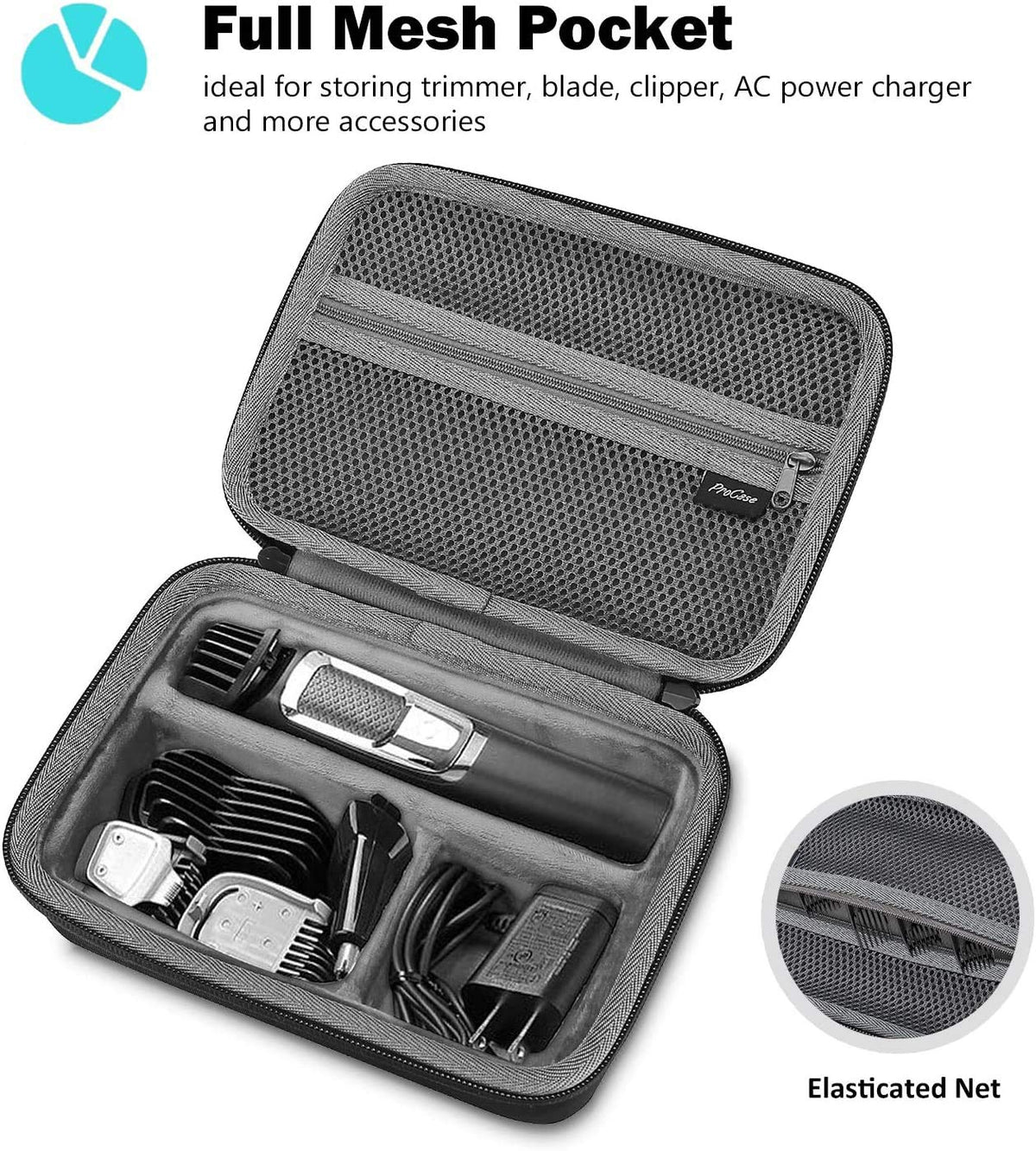 ProCase separate compartments and mesh pocket store charger and blades neatly