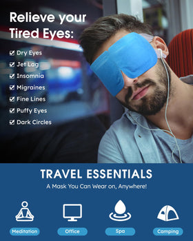 A user wears ProCIV blueberry steam eye mask for relaxing eye comfort.