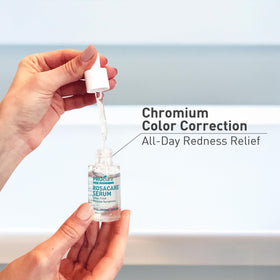 Rosacare serum dispensed on finger demonstrates quick absorption.