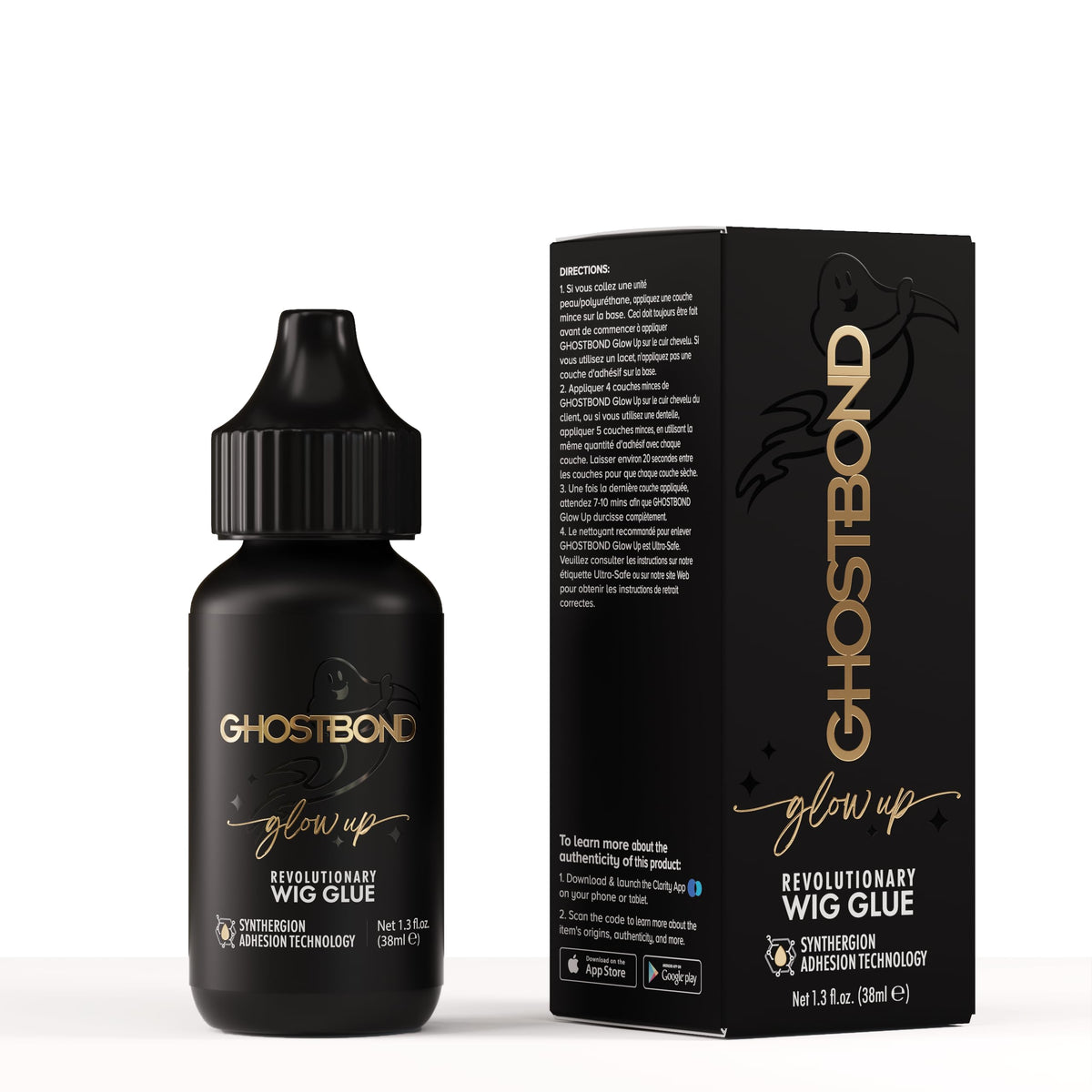 Professional Hair Labs GhostBond Glowup bottle demonstrates water-resistant hold for all-day wig wear.