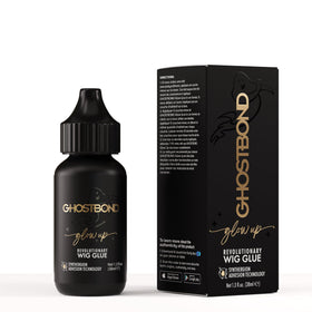 Professional Hair Labs GhostBond Glowup bottle demonstrates water-resistant hold for all-day wig wear.