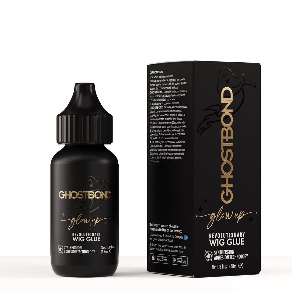 Professional Hair Labs GhostBond Glowup bottle demonstrates water-resistant hold for all-day wig wear.