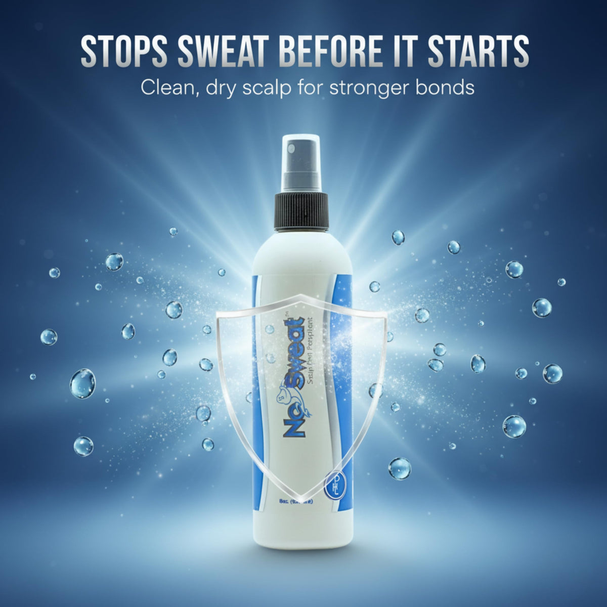No Sweat bottle angled highlighting quick-dry scalp prep for strong adhesive bonds.
