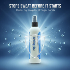 No Sweat bottle angled highlighting quick-dry scalp prep for strong adhesive bonds.