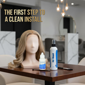 No Sweat spray dispersion captured for on-scalp application before adhesive.