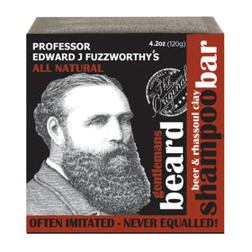 Professor Fuzzworthy’s Beard Shampoo Bar with beer and rhassoul clay for a softer, smoother beard.
