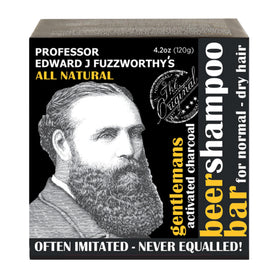 Professor Fuzzworthy's Gentlemans Charcoal Shampoo Bar packaging for long-lasting grooming