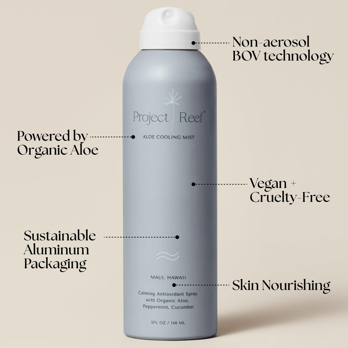 Project Reef Aloe Cooling Mist bottle back highlighting recyclable aluminum packaging