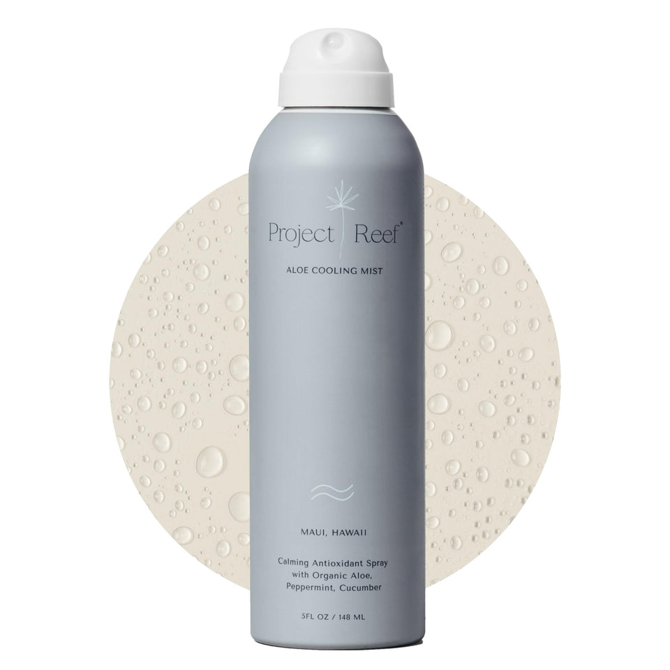 Project Reef Aloe Cooling Mist bottle front shows vegan, ocean-friendly hydration for sun-kissed skin