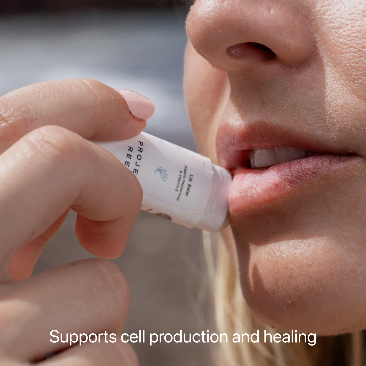 Close-up of Project Reef Herbal Peppermint Lip Balm texture with shea butter