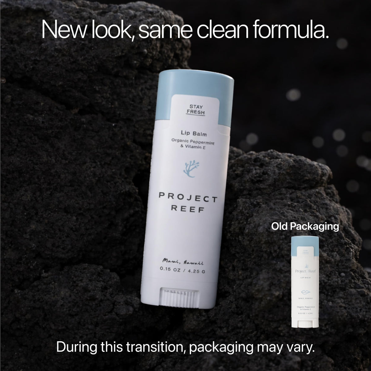 Project Reef Herbal Peppermint Lip Balm tube shows cooling peppermint application
