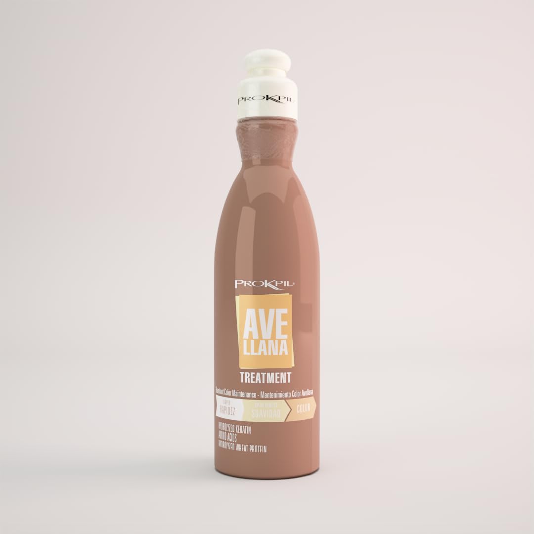 Prokpil Hazelnut Treatment bottle pour demonstrates color maintenance and smooth application.