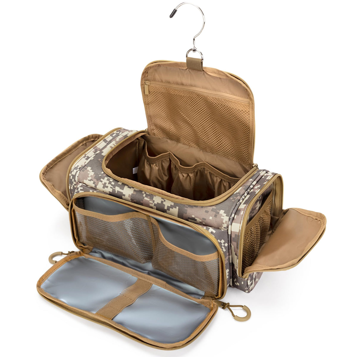 Prokva desert yellow hanging toiletry bag ready for travel and organization.