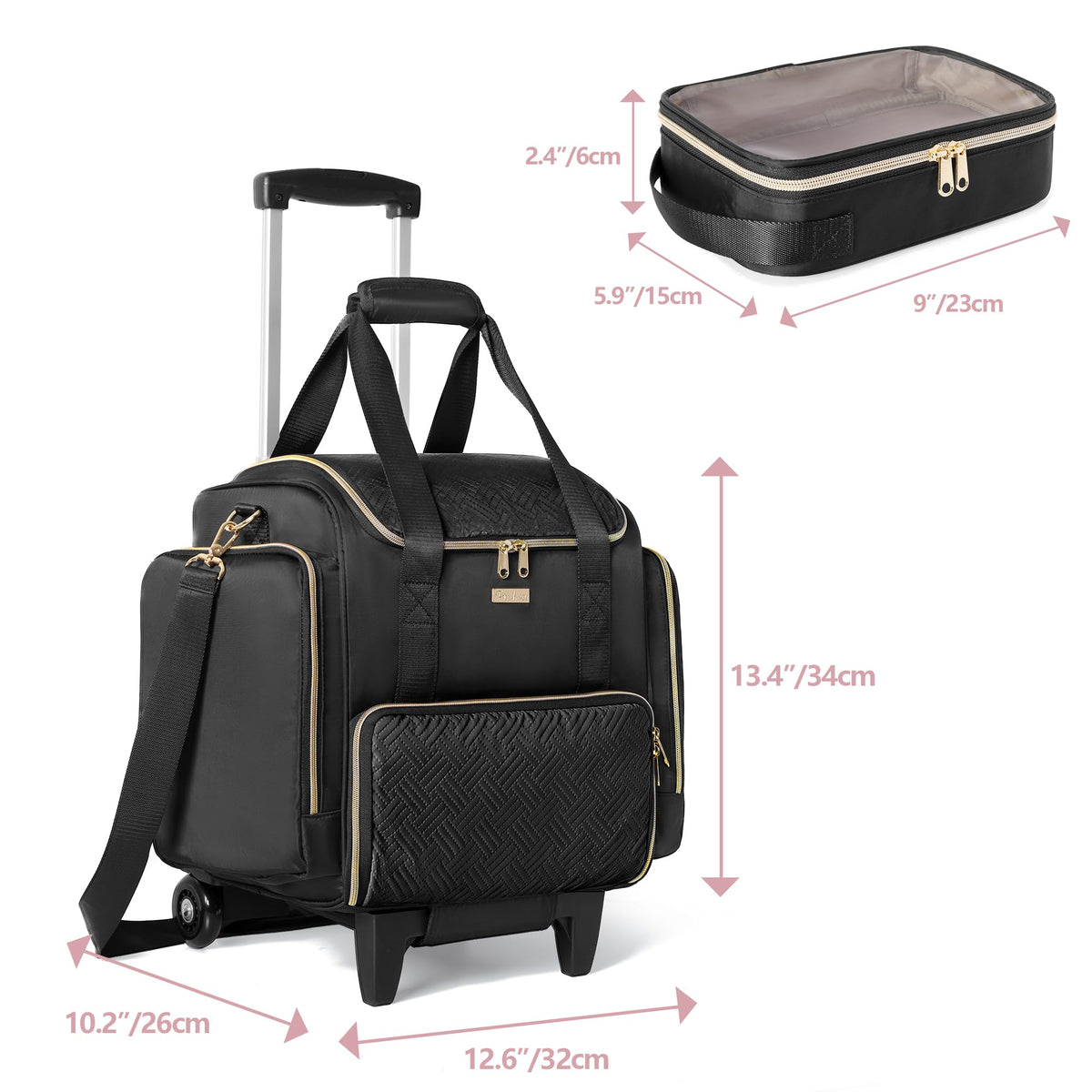 Extendable trolley handle and reinforced legs for smooth rolling.