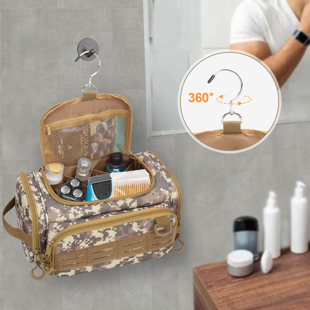 Prokva swivel hook hangs anywhere for quick access to toiletries.