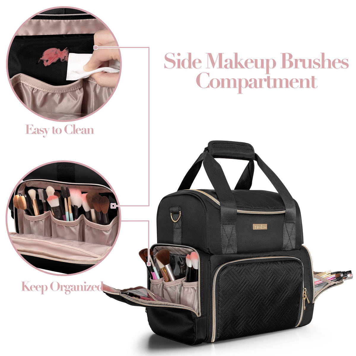 Prokva side zippers store brushes and small essentials securely.