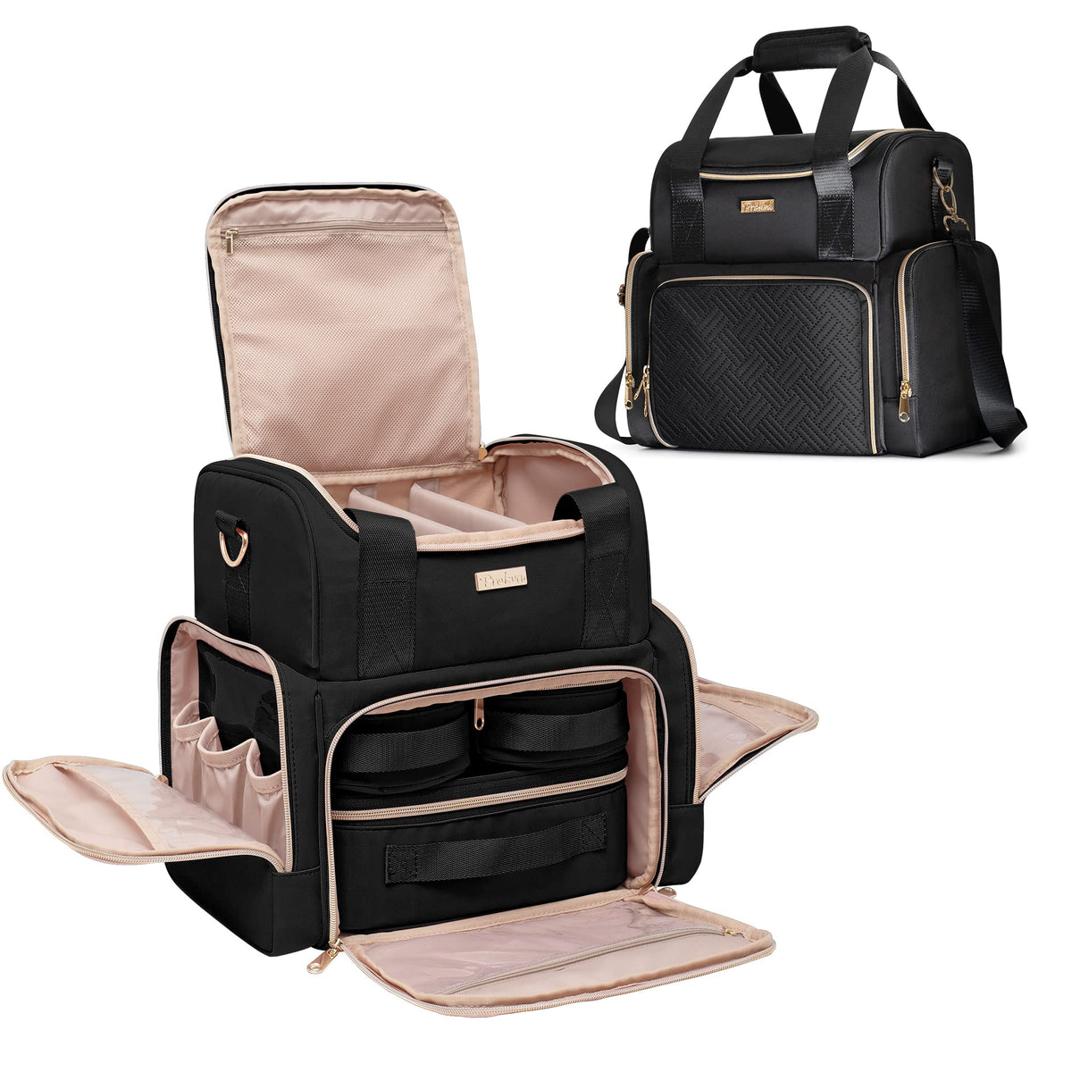 Prokva large cosmetic bag top compartment with removable dividers for customized storage.