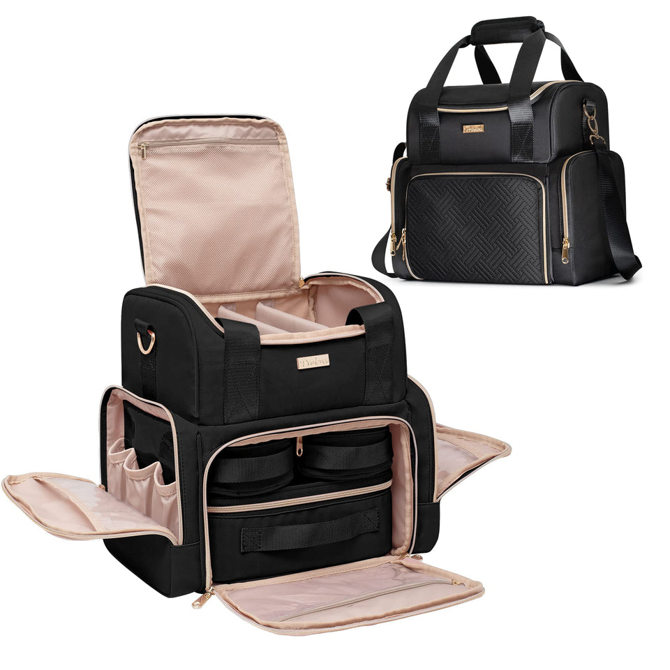 Prokva large cosmetic bag top compartment with removable dividers for customized storage.