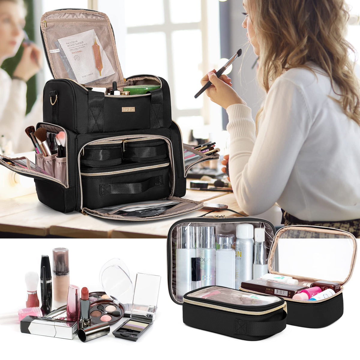 Prokva travel-ready organizer in black for on-the-go makeup setup.
