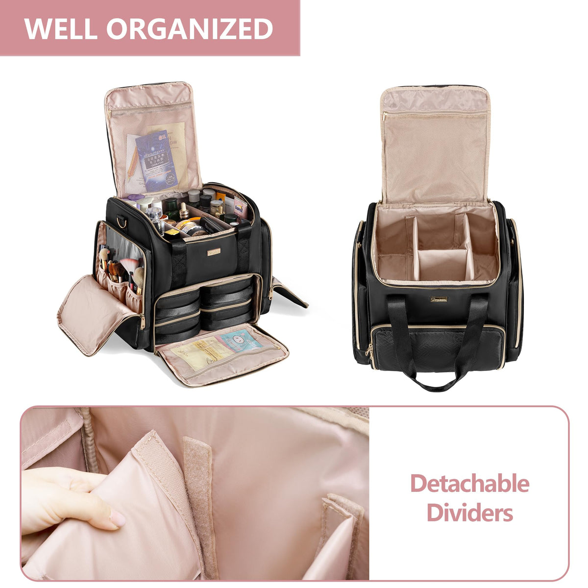 Prokva makeup train case with four zipper sections for cosmetics and skincare.