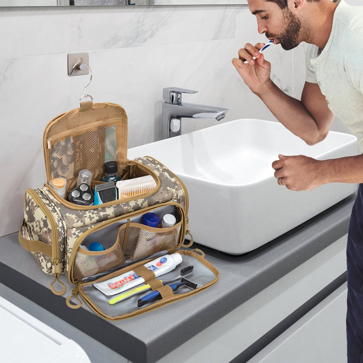 Prokva durable polyester fabric protects toiletries during outdoor use.