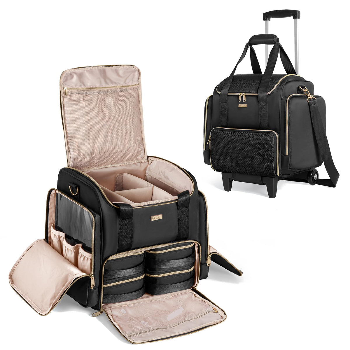 Prokva rolling makeup case with removable bags showing organized compartments for on-the-go work.
