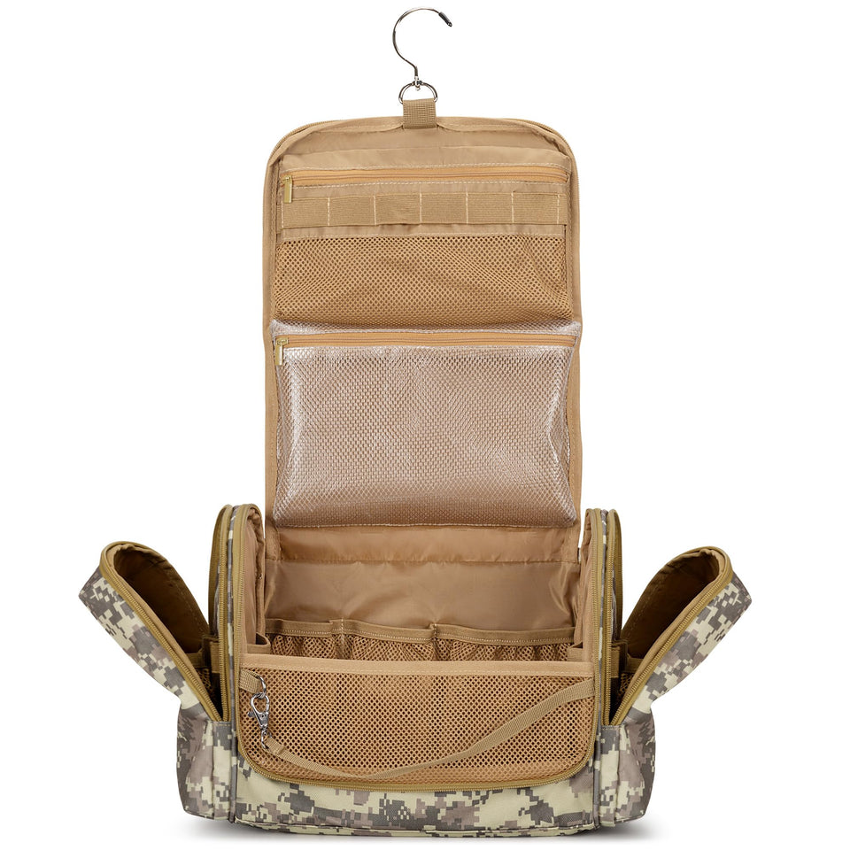 Prokva Tactical Toiletry Bag front view in desert yellow showing compact design and storage.