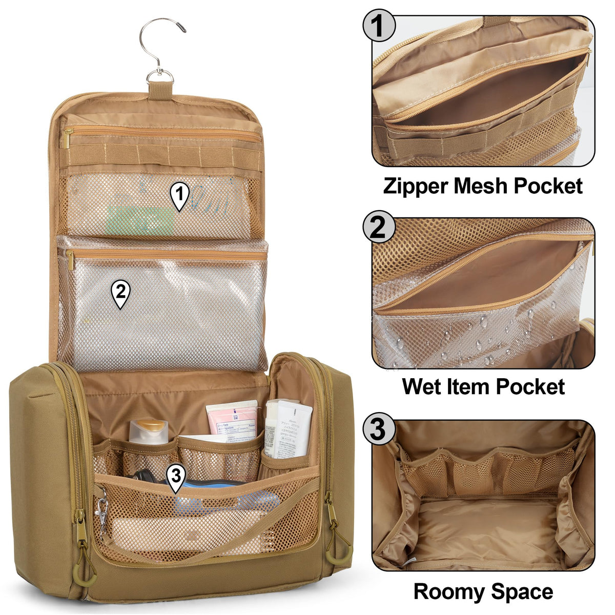 Prokva bag hanging on hook shows convenient drying and reach during travel.