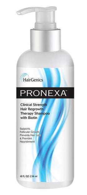 Pronexa Hairgenics clinical-strength shampoo bottle highlighting the growth formula.