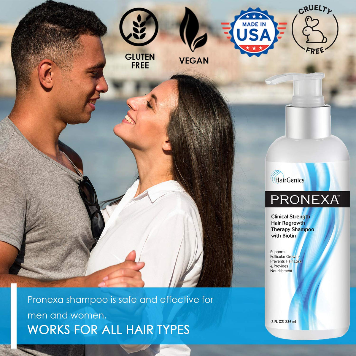 Pronexa Hairgenics shampoo label details Biotin and Collagen benefits for hair.