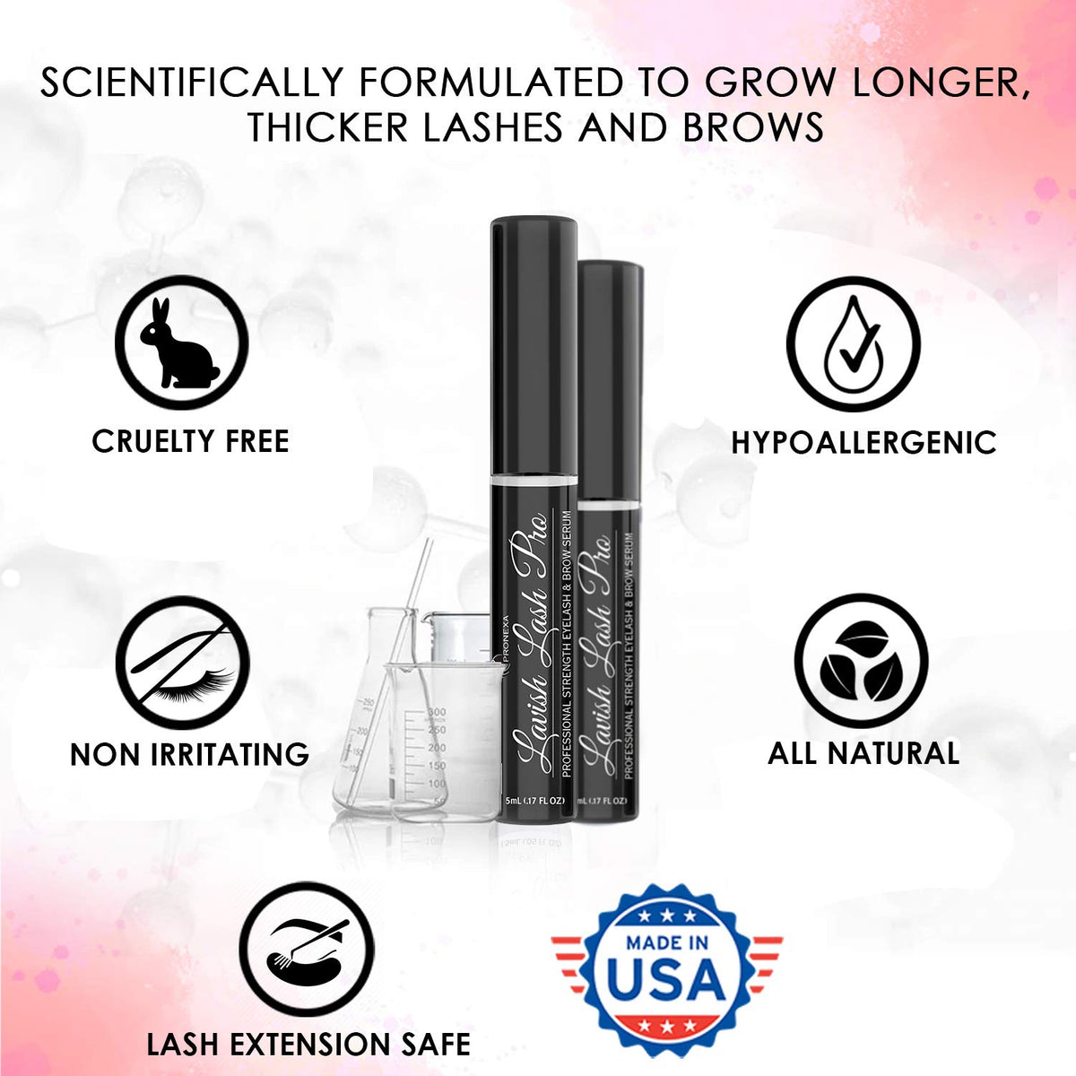 Pronexa Lavish Lash Pro ingredients panel with peptides and botanicals