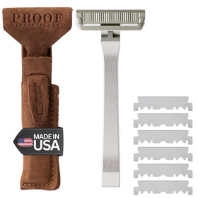 Proof Benchmark razor aluminum body close-up highlights durability and premium craftsmanship.